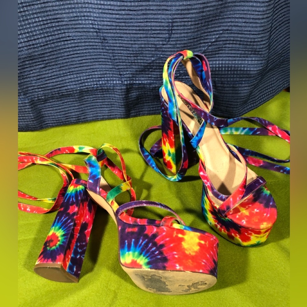 5” Tie-Dye Platform Lace-Up Heeled Sandals - Vibrant Multi